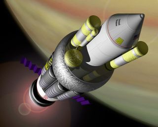 An illustration of a fission-populsion rocket flying by a planet