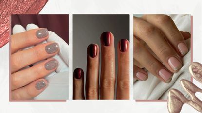 On the left is a close-up of a hand with silver glittery nails by nail artist Fliss Alton/@gelsbyfliss, followed by a picture of a hand with red chrome nails by nail artist and digital content creator, Mateja Novakovic/@matejanova. And on the right, is a picture of a hand with gold glittery French tip nails, again by nail artist Fliss Alton/ all featured in a grey and white gradient template and with red and gold glitter nail polish-like spills