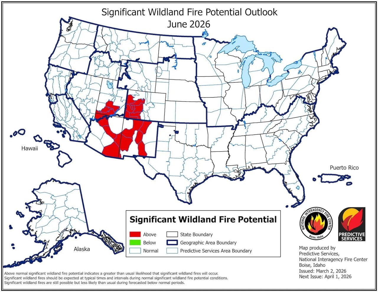 A map of the continental US in white, with red areas showing increased fire concern.