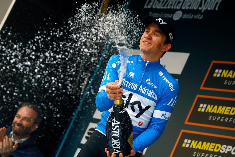 Michal Kwiatkowski in blue after stage 5 at Tirreno-Adriatico