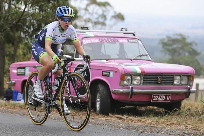Amanda Spratt crests the climb on her solo break