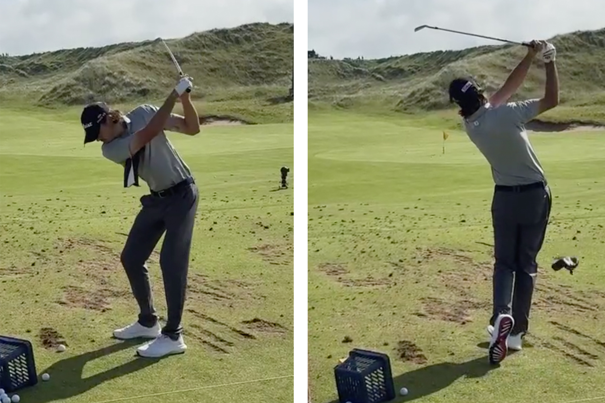 Jacob Skov Olesen going through a headcover drill on the range at Royal Portrush, in preparation for the Open Championship, with two images at top of backswing and then finish position with the headcover under his arm in the backswing and falling to the ground in the finish position