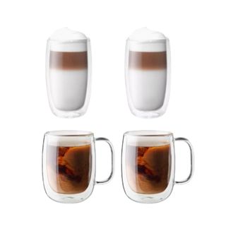 Four glass coffee cups - two with cappuccinos in and two with iced coffee in with glass handles