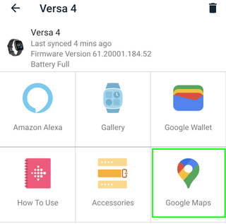 fitbit versa 4 settings manu with google maps icon highlighted