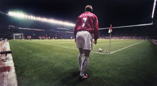 David Beckham takes a corner for Manchester United against Brondby in the Champions League in 1998.