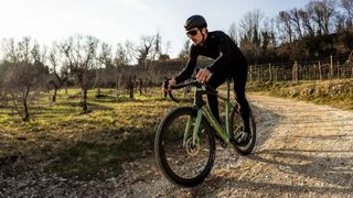 The Pinarello Grevil F7 being ridden on gravel