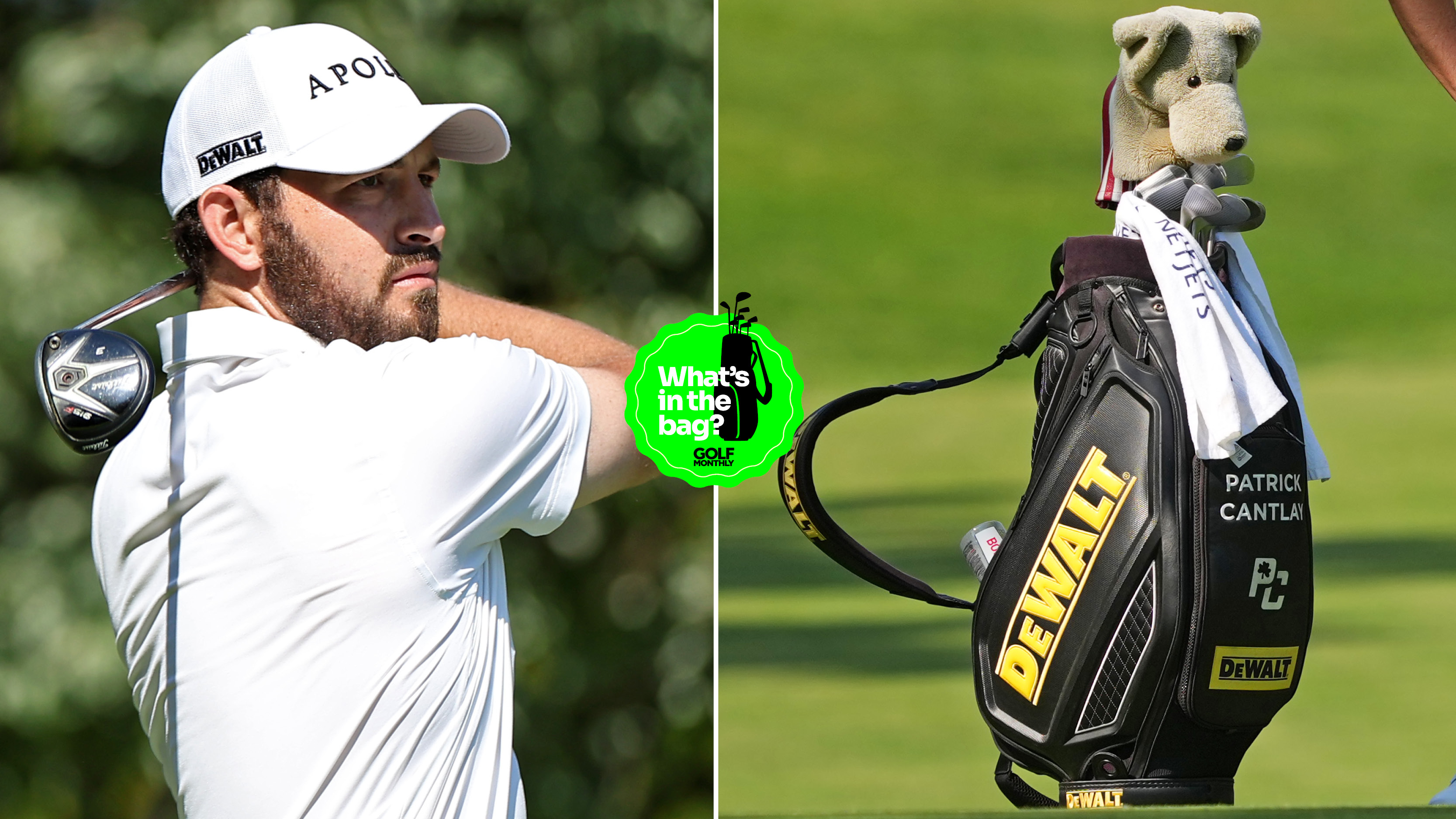 Patrick Cantlay hits a fairway wood and a close up of his golf bag