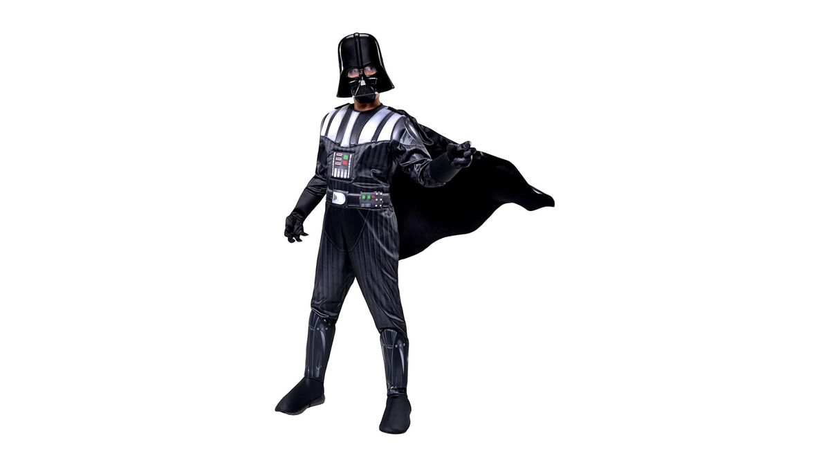 A child wearing a Darth Vader costume on a white background.