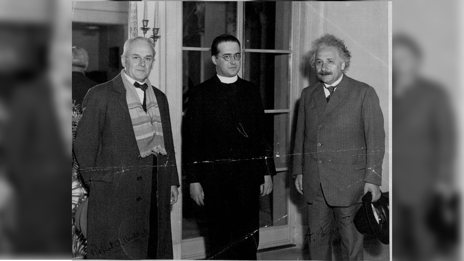 Georges Lemaître (center) photographed with American physicist Robert Millikan (left) and Albert Einstein (right) after Lemaître gave a lecture at the California Institute of Technology in January 1933.