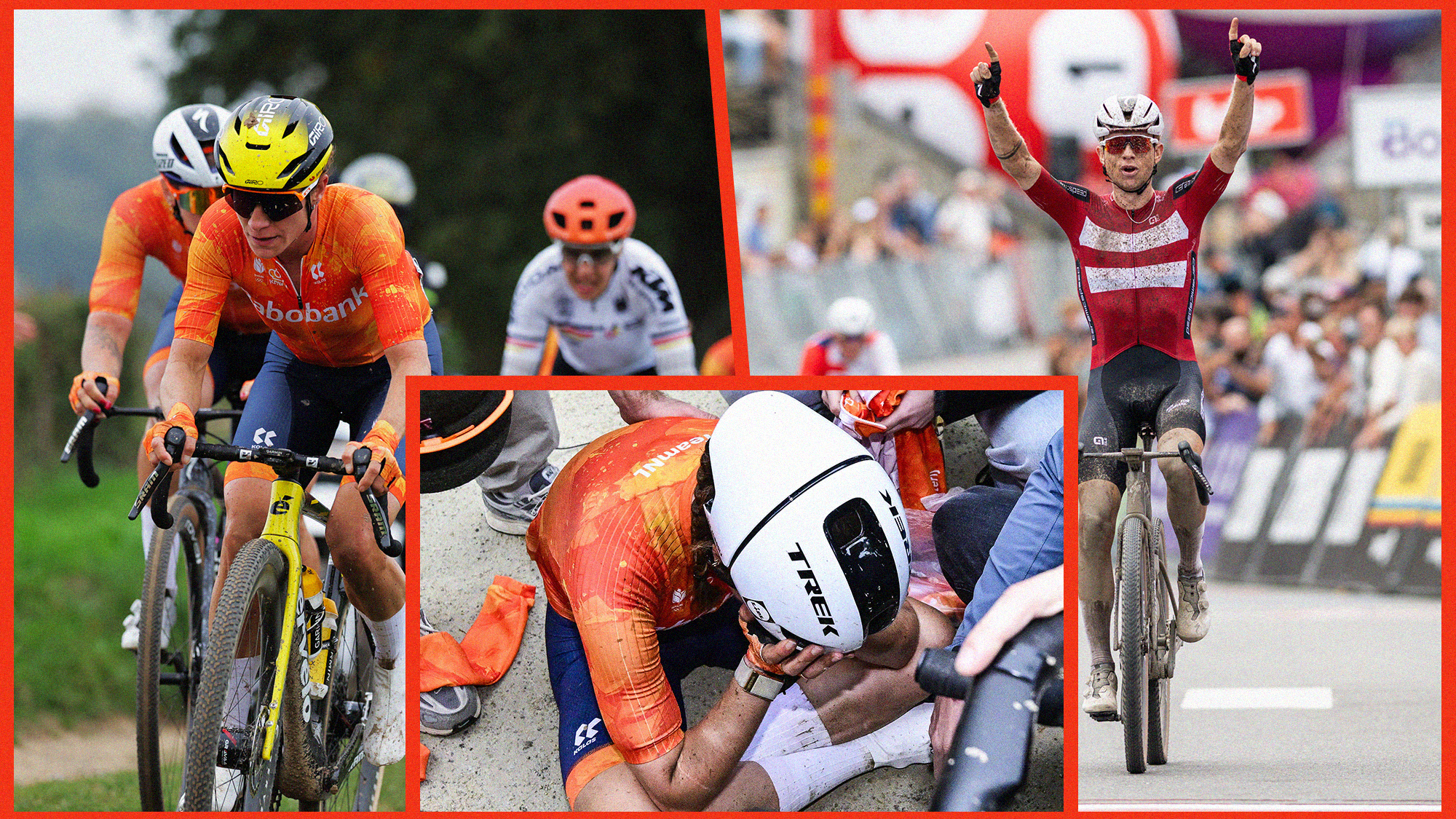 A split image, featuring Marianne Vos, Mads Wurtz Schmidt, and Shirin van Anrooij