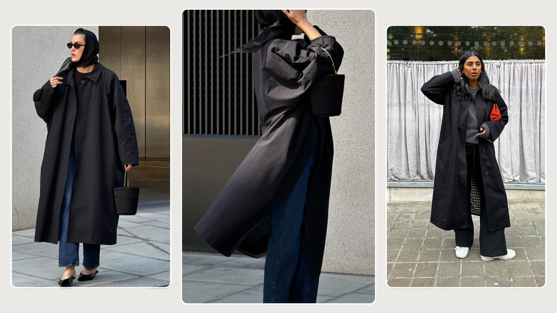Three fashion people wear the black trench coat trend. 