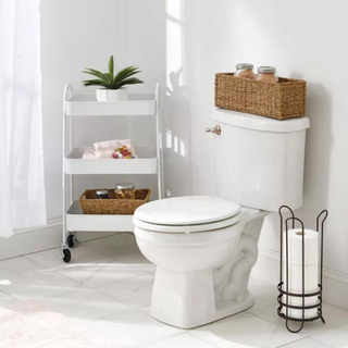 a small bathroom with a toilet, rug and rolling cart full of toilet paper and toiletries
