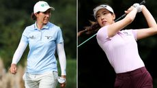 Carlota Ciganda reacts to a missed putt, Yealimi Noh hits a driver