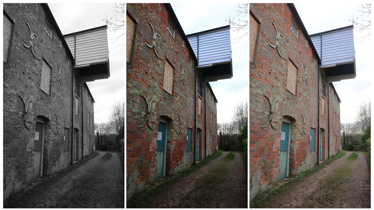 Three identical vertical shots of an abandoned building, arrayed next to each other to showcase the Canon R6 Mark III's different JPEG profiles.