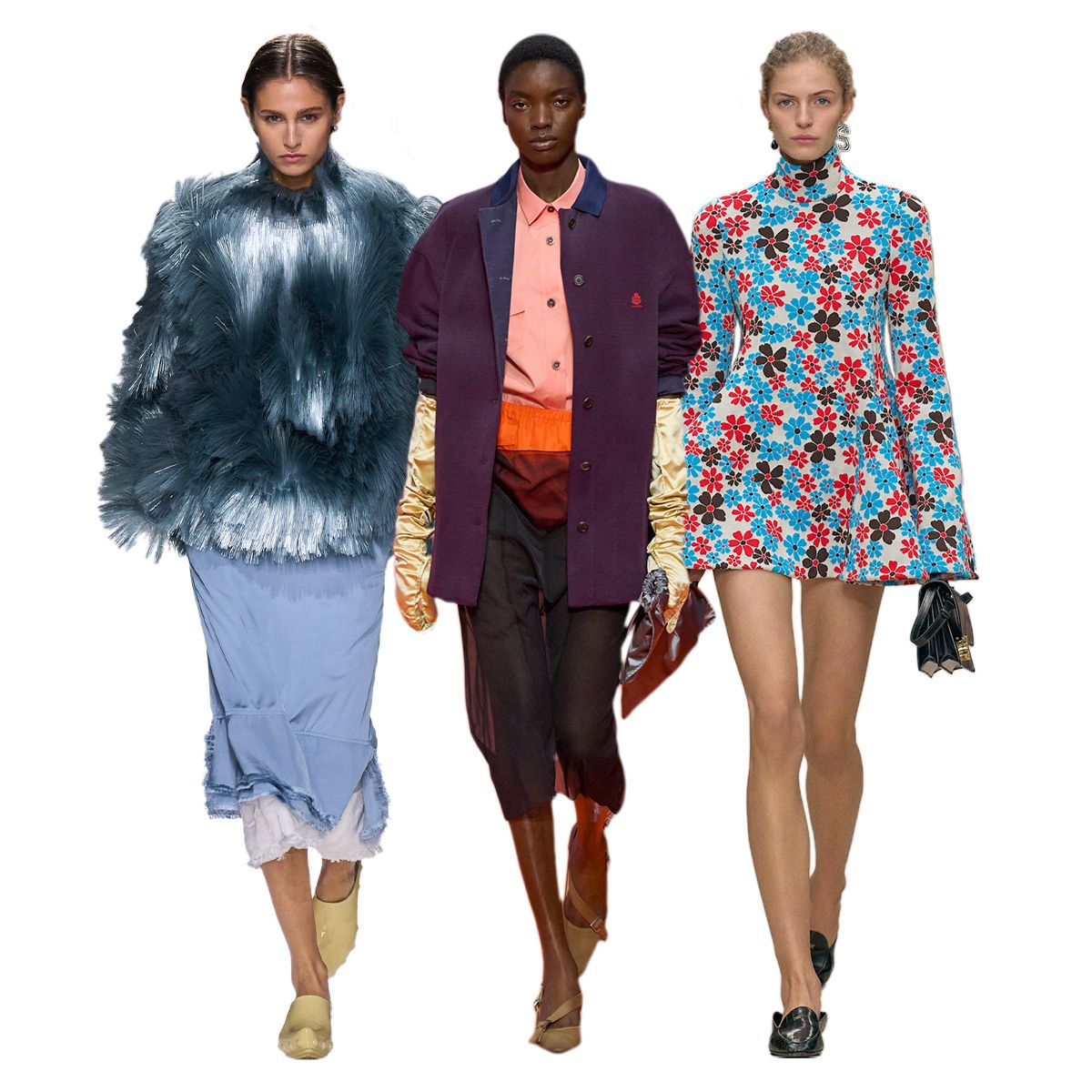 A photo of 3 models from the Spring/Summer 2026 runway seen on a white background