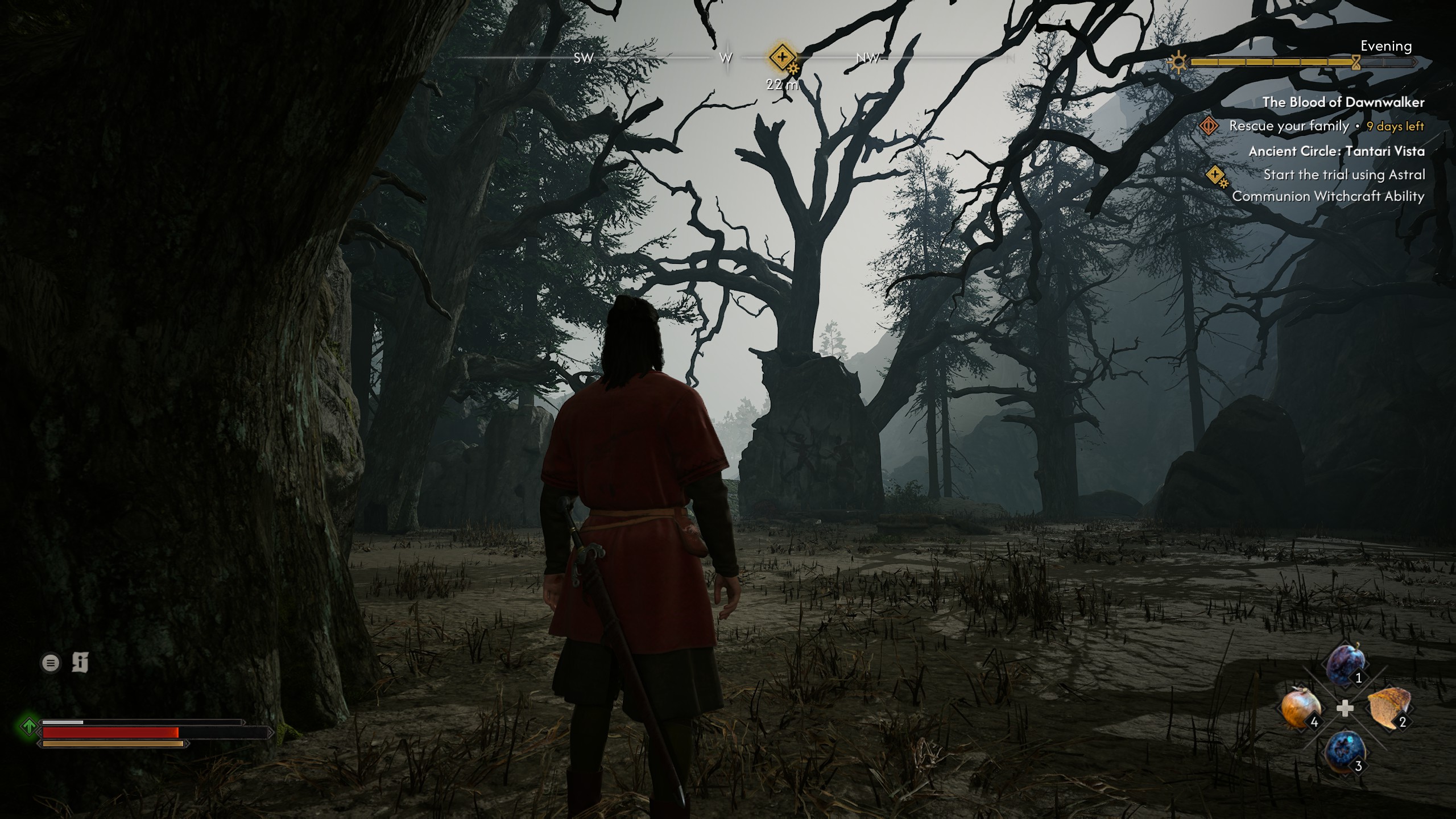 A man stands in a bleak silhouetted forest clearing