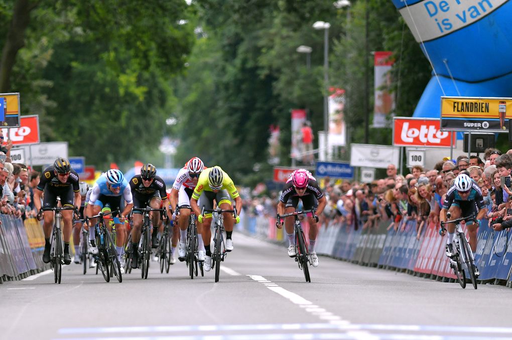 Sprinters bear down on the line during stage 5 at the Belgium Tour