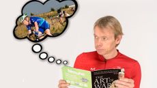 Dr Hutch reads 'The Art of War' with think bubble showing him racing a crit