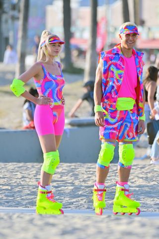 Margot Robbie and Ryan Gosling on rollerblades film new scenes for 'Barbie' in Venice California