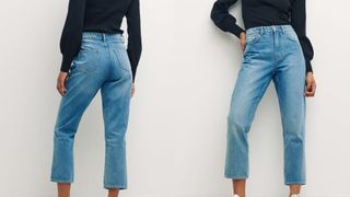 composite of model wearing mid blue Nobody's Child Straight Cropped Jean