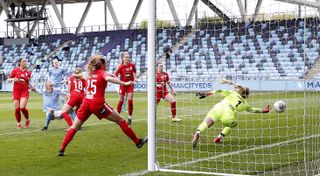 Manchester City’s Esme Morgan scores her team's third goal against Birmingham