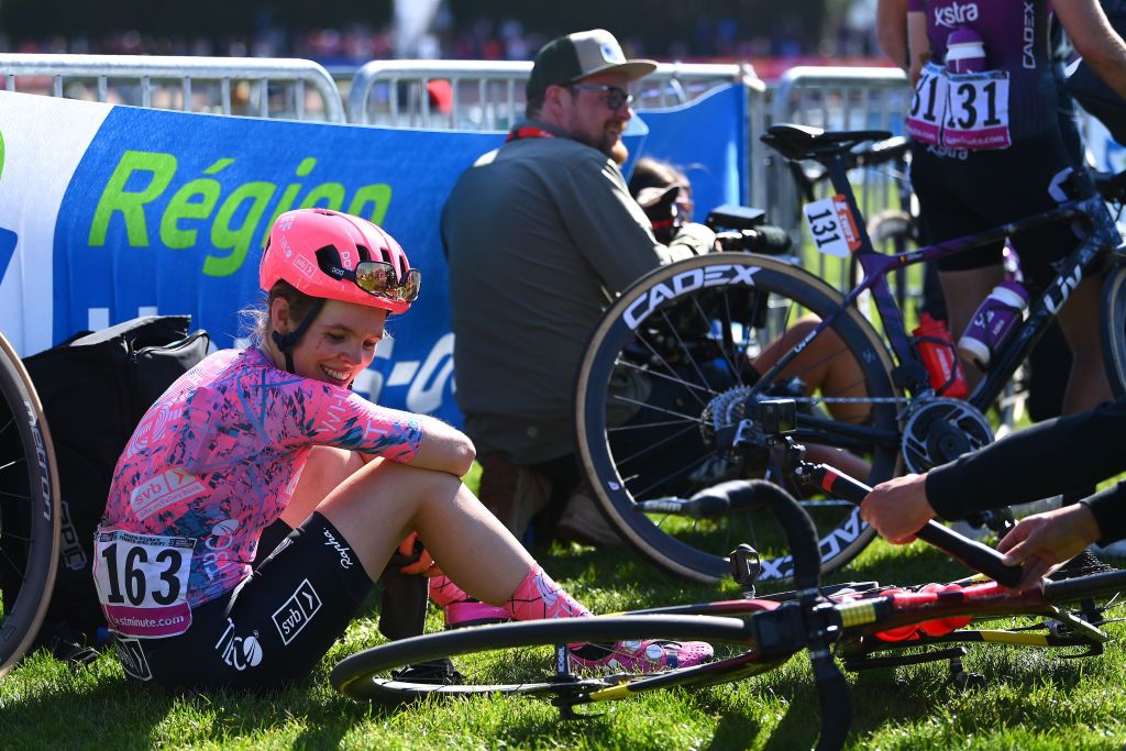ROUBAIX FRANCE APRIL 16 Clara Honsinger of United States and Team EF Education Tibco Svb reacts after finishing in the Roubaix Velodrome Vlodrome Andr Ptrieux during the 2nd ParisRoubaix 2022 Womens Elite a 1247km one day race from Denain to Roubaix ParisRoubaixFemmes ParisRoubaix on April 16 2022 in Roubaix France Photo by Tim de WaeleGetty Images