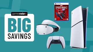 PS5 console, PSVR 2, and Spider-Man 2 boxed game on a light blue background with big savings badge