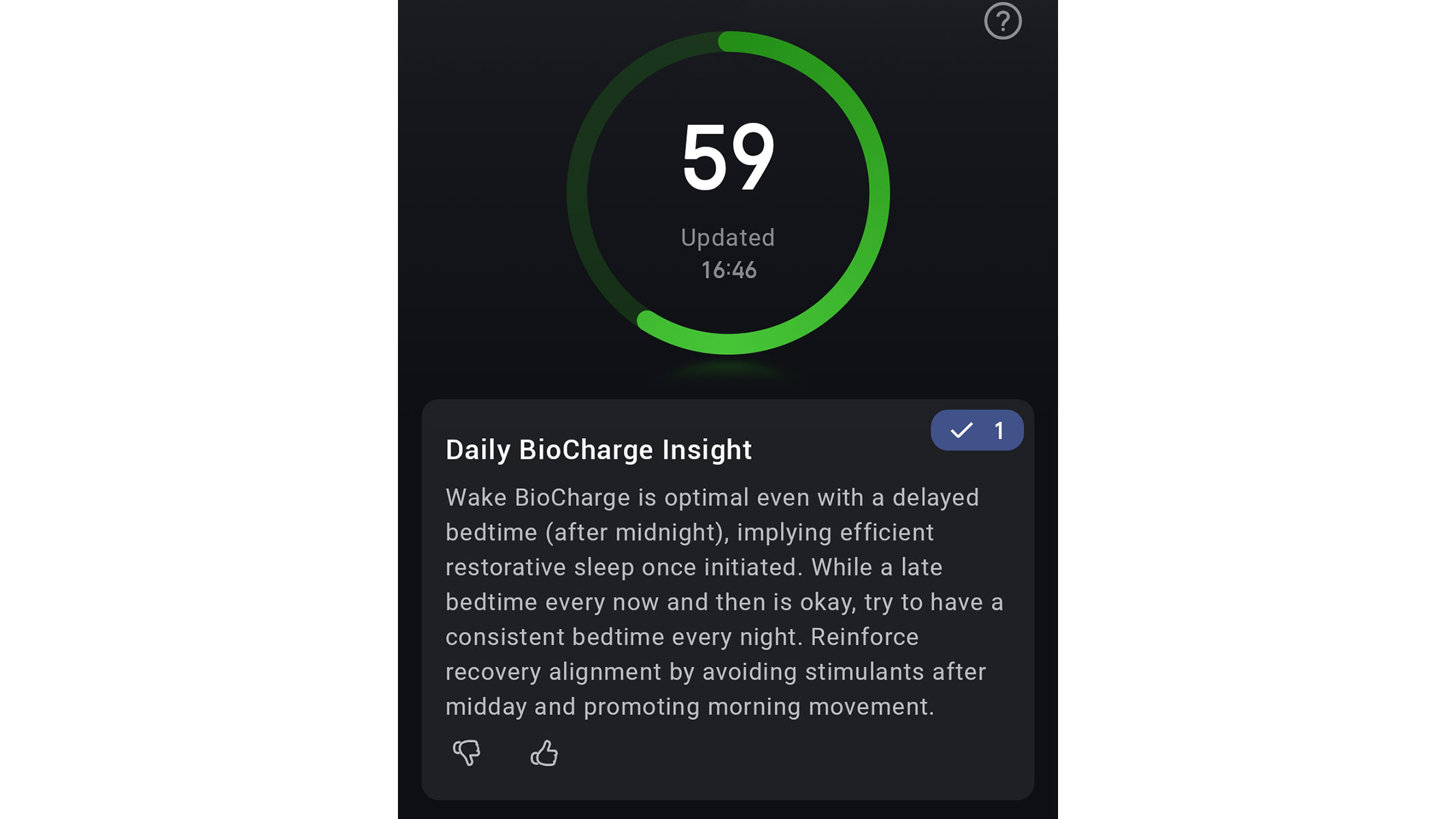 a screenshot of our reviewer's Daily BioCharge Insight from the Zepp app