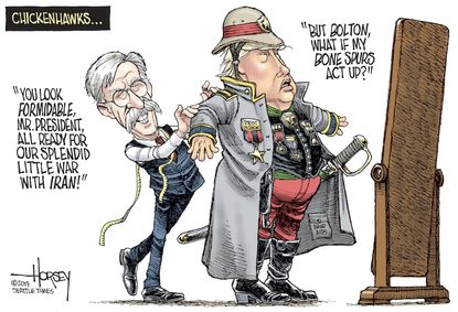 Political Cartoon U.S. Trump John Bolton War with Iran bone spurs