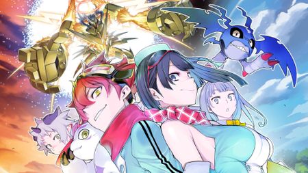 Key art for Digimon Story: Time Stranger on the PS Store, cropped for a header, showing the cast of character standing in front of a montage of environments with Digimon around them