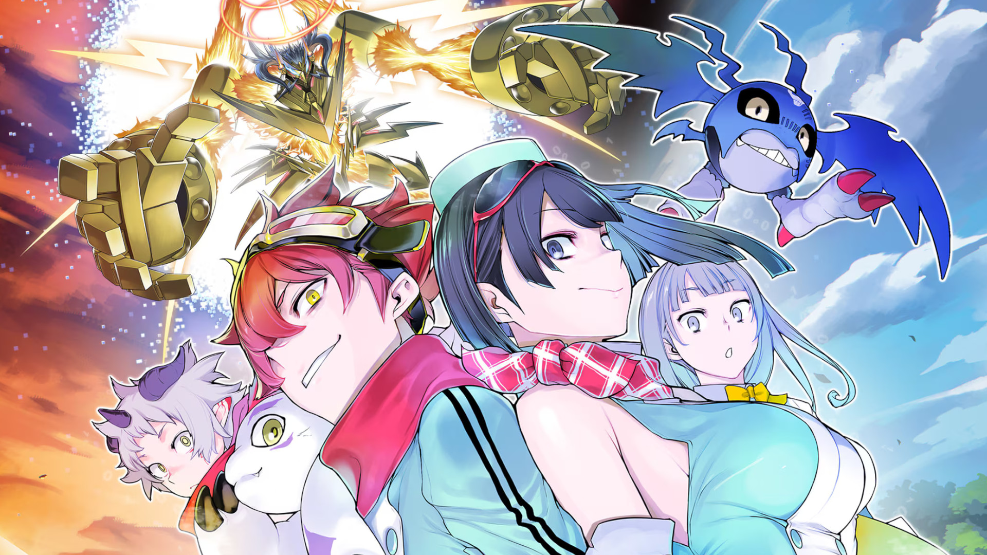 Key art for Digimon Story: Time Stranger on the PS Store, cropped for a header, showing the cast of character standing in front of a montage of environments with Digimon around them