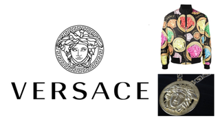 Versace Medusa head logo, Medusa Amplified colourful jacket with multiple logos, and pendant with Medusa head in silver
