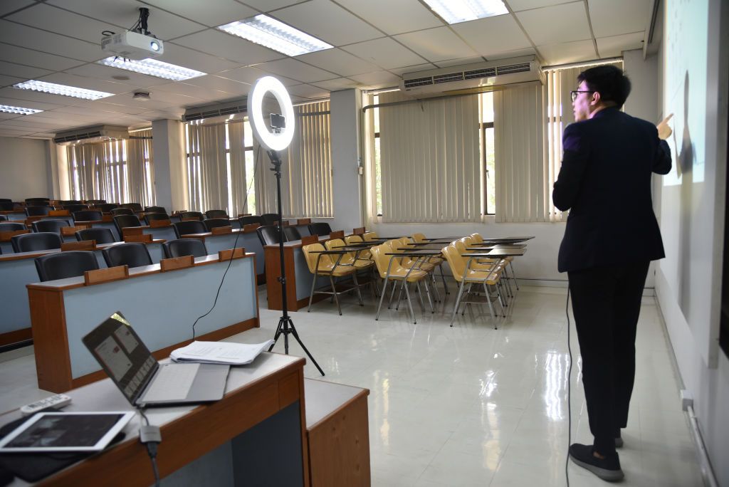 A teacher at Rangsit University provides online classes as a preventive measure against the spread of Coronavirus in Bangkok. Distance learning