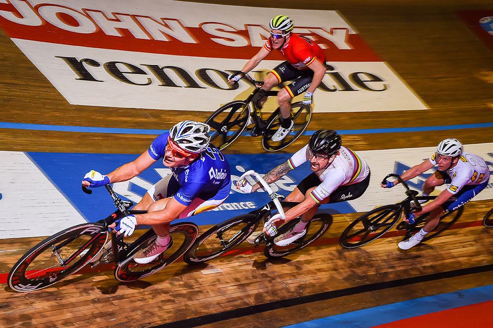 Riders compete in the Madison during the opening night of the Gent Six day