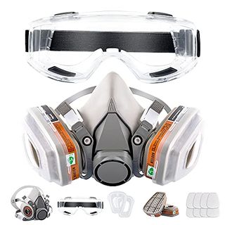 A large respirator mask with two dust filters, plastic safety goggles above.