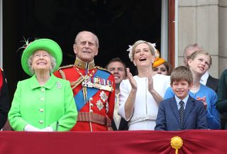 Queen Elizabeth II, Prince Philip, Duke of Edinburgh, Sophie, Countess of Wessex, James, Viscount Severn and Lady Louise Windsor attend the Trooping the Colour