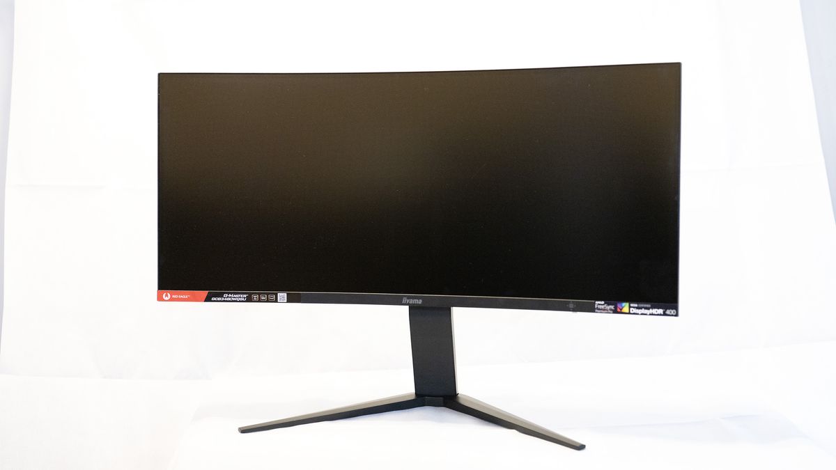 A black Iiyama G-MASTER GCB3480WQSU-B1 Red Eagle curved monitor on a white background