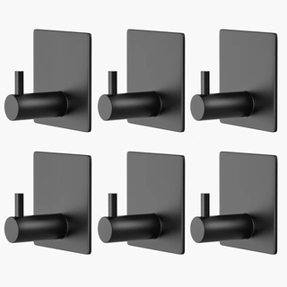 A set of 6 metal-look black self-adhesive hooks.