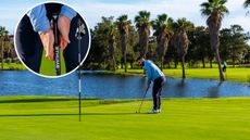 James Jankowski hitting a putt using his favorite grip, on an island green at Salgados Golf Club, with an inset image of how to address a common grip misconception by perfecting hand position