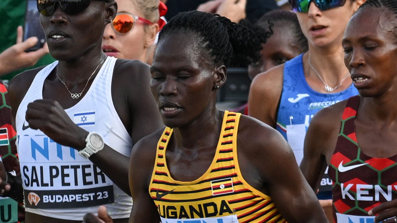 Uganda&#039;s Rebecca Cheptegei competing in the women&#039;s marathon final in the World Athletics Championships in 2023