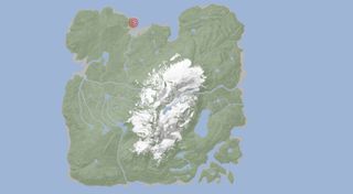 Sons of the Forest map with a red spot indicating the location of a cave along tthe north beach.