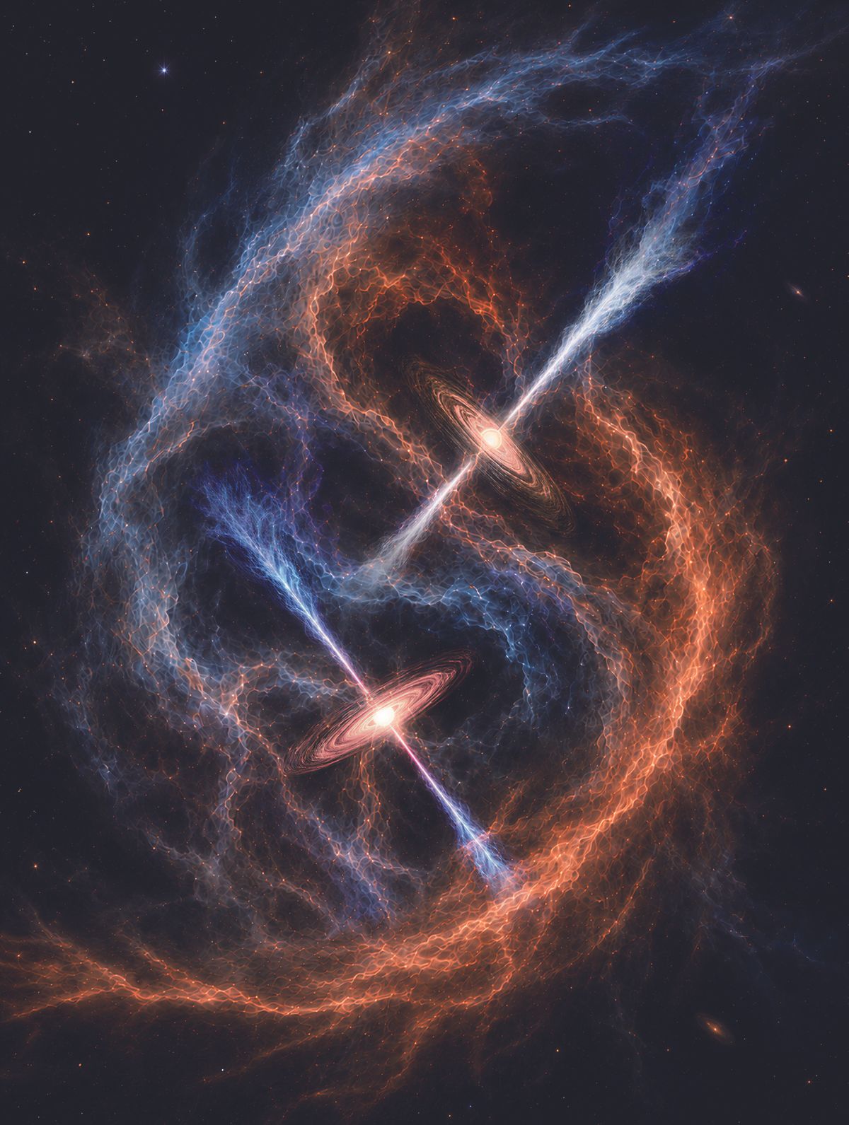 two orange disks with blue jets streaming from their centers