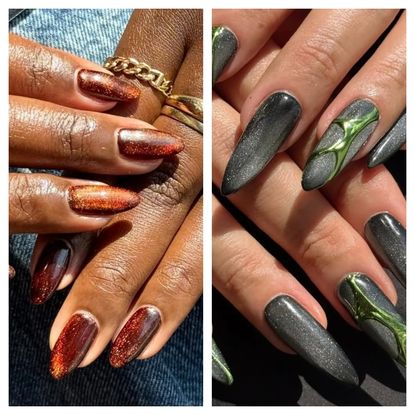 two cat eye manicures on a duo of hands