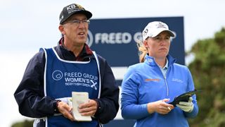 Gemma Dryburgh of Scotland looks on alongside their caddie on the 6th during the first round of the FREED GROUP Women's Scottish Open presented by Trust Golf at Dundonald Links Golf Course on August 03, 2023 in Troon, Scotland.