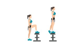 an illustration of a woman performing dumbbell step ups