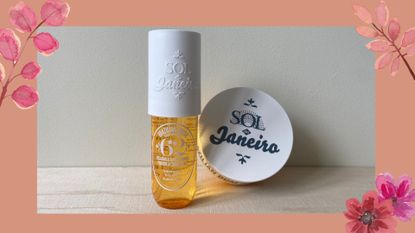 Two products with Sol de Janeiro scents photographed in a home with a pink border and flower illustrations in the corners.