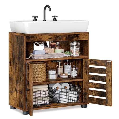 Vasagle Under Sink Bathroom Cabinet, Storage Cabinet, Bathroom Storage Unit, 30 X 60 X 64 Cm, for Washbasins Without Pedestals, With 2 Louvred Doors, Adjustable Shelf, Rustic Brown Bbk04bx