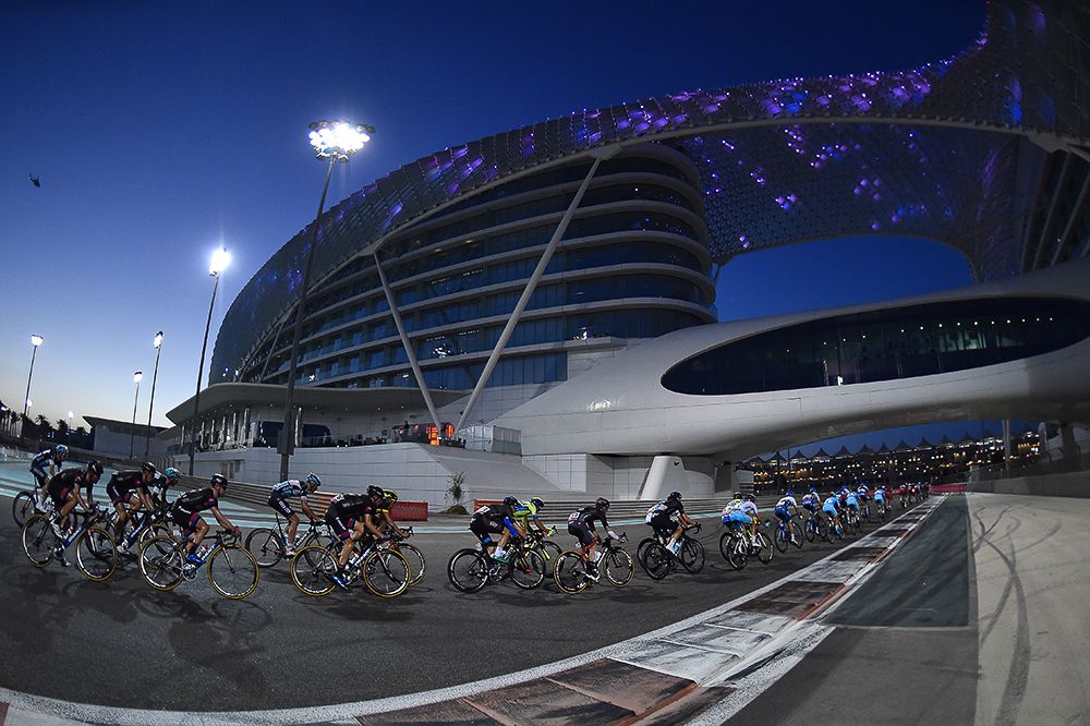 The Abu Dhabi peloton in action at the Yas Marina Formula One track.