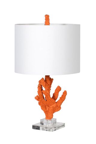 Orange Coral table lamp with linen shade, £125, Graham & Green