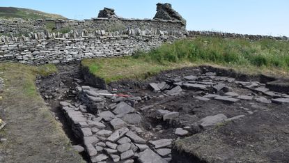 Archaeologists found remains of the drinking hall under what is now a farmstead in Orkney, Scotland.